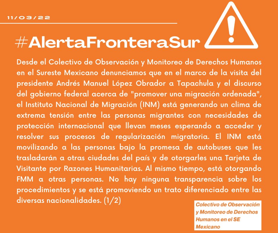 prami_iberocdmx's tweet photo. #AlertaFronteraSur
⚠️Desde el #COMDHSE denunciamos que el INM está provocando un escalamiento del conflicto entre las personas migrantes que actualmente se encuentran en las oficinas de Regularización Migratoria de la colonia Las Vegas en Tapachula, Chiapas. https://t.co/Sq1rOsGL1h