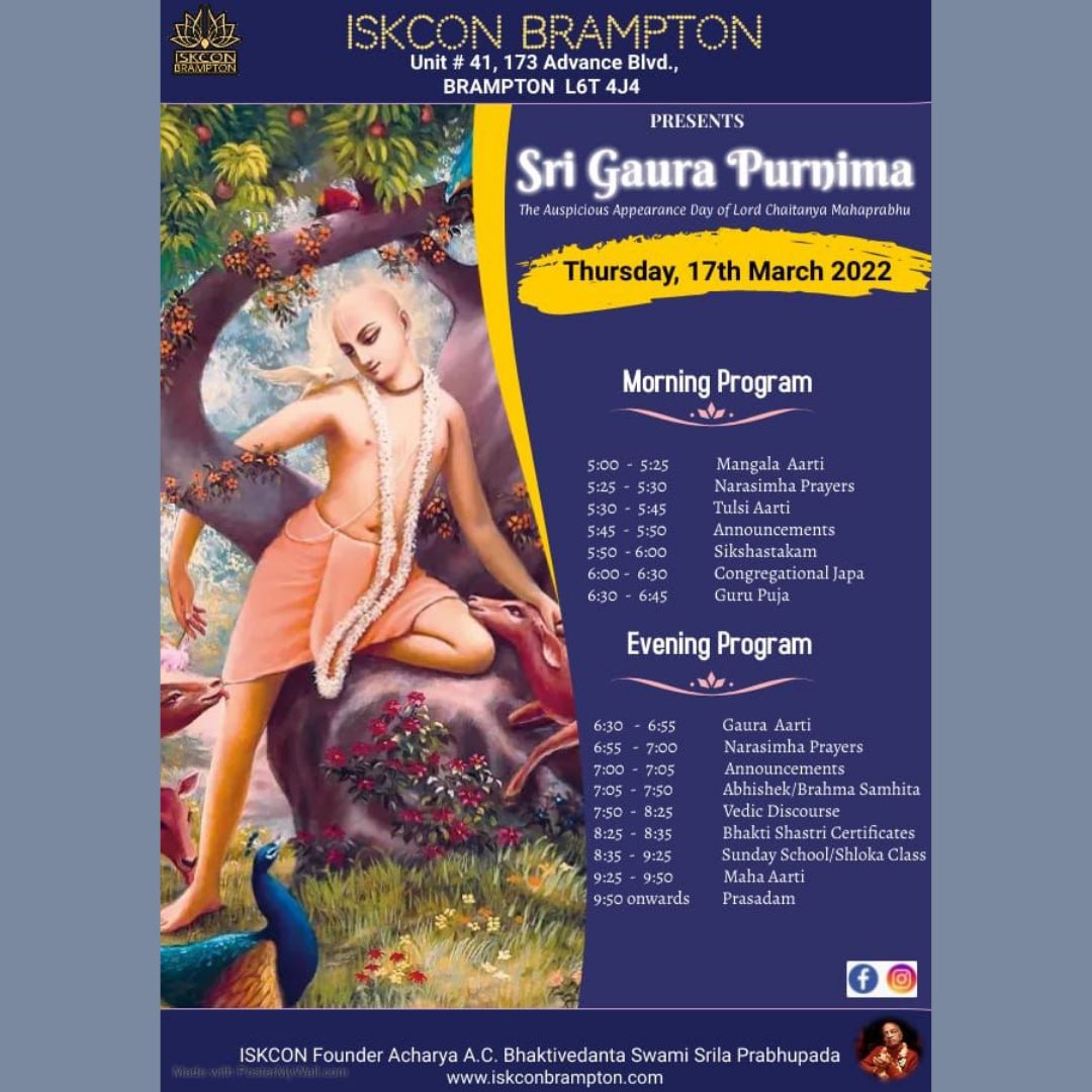 IskconBrampton's tweet photo. Hare Krsna! Please attend our in-person Gaura Purnima program on Thursday March 17th!

#krsna #gaurapurnima #prabhupada #iskcon #iskconbrampton #harekrsna https://t.co/n1N8EP1KTU
