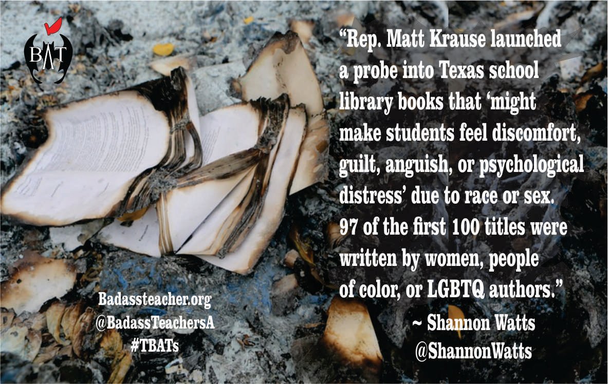 When 97% of the books you want to ban are written by women, people of color, or LGBTQ authors, you know the problem isn't the books. #BannedBooks #LetThemRead #TBATs #MarchIsReadingMonth <a href="/KentuckyBATs/">Kentucky BATs</a> <a href="/MemphisbatBa/">TennesseeBATs</a> <a href="/SoCarolinaBATs/">South Carolina BATs</a> <a href="/WVBats/">WV Badass Teachers</a> <a href="/MississippiBAT/">Mississippi BATs</a> <a href="/AlabamaBATs/">AlabamaBATs</a> <a href="/TxBats/">Texas Bats</a>