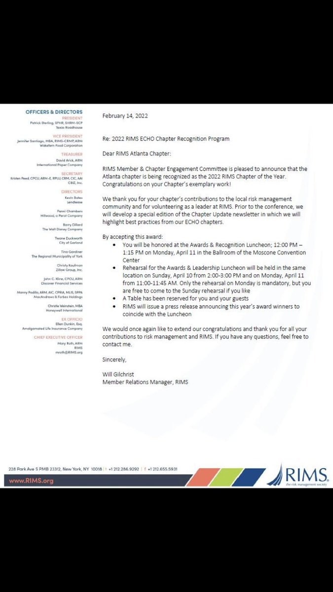 AtlantaRims's tweet photo. We are thrilled to announce that for the 2nd consecutive year the Atlanta chapter has been recognized by @RIMSorg for its excellence! This year the chapter has been awarded “2022 RIMS Chapter of the Year!” https://t.co/S1JLDNJUHw