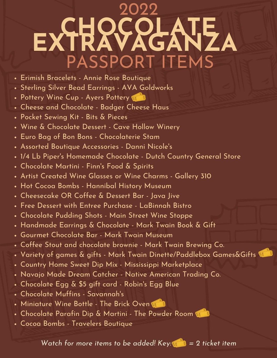 The 2022 Chocolate Extravaganza weekend starts today! We're offering our Chocolate Coffee Stout &amp; a brownie when you present your passport ticket! Stop in and see us! It's a delicious way to enjoy the weekend in Historic Hannibal, MO! 🍫

#chocolate #hannibalmo #drinklocal