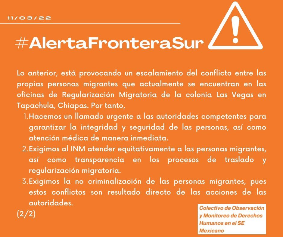 JRSMex's tweet photo. #AlertaFronteraSur
⚠️Desde el #COMDHSE denunciamos que el INM está provocando un escalamiento del conflicto entre las personas migrantes que actualmente se encuentran en las oficinas de Regularización Migratoria de la colonia Las Vegas en Tapachula, Chiapas. https://t.co/1PtOEz6kHn