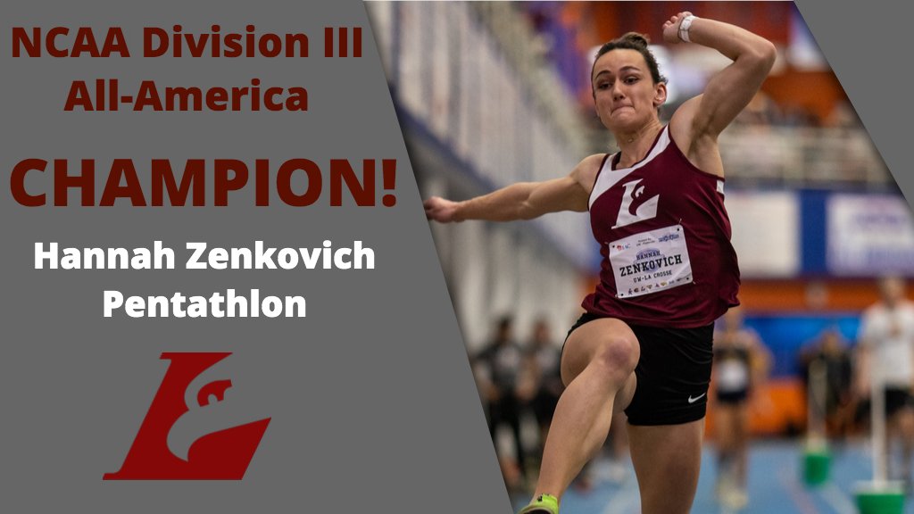 UWLAthletics's tweet photo. Congratulations to @UWL_WomensTrack Hannah Zenkovich, she wins the NCAA III title in the pentathlon with a school record 3,774 points. Zenkovich is the first student-athlete in school history to win the national championship in the pentathlon. https://t.co/y8vJ3hqpdY