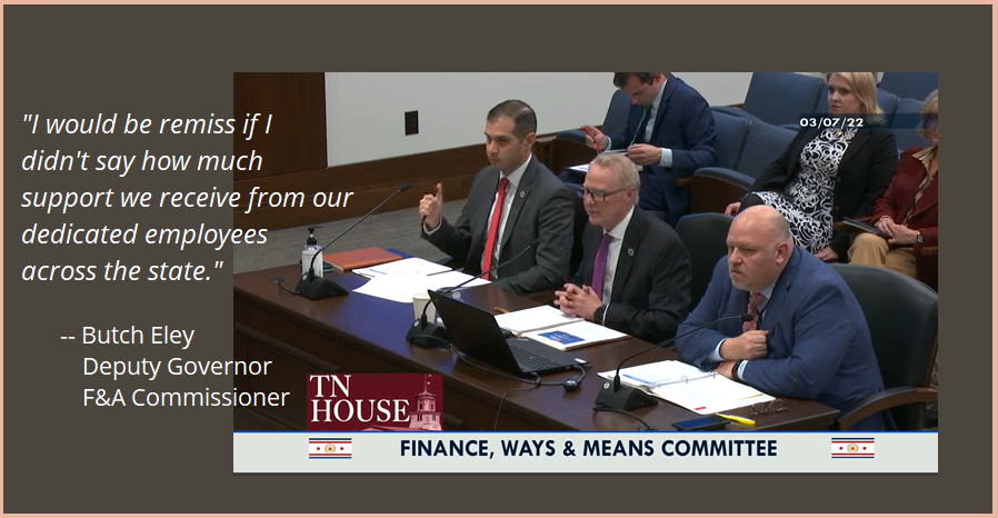 TNDeptofFandA's tweet photo. F&A Commissioner Deputy Governor Butch Eley this week gave kudos to F&A employees during the department's budget hearing @RepHazlewoodTN's Finance Ways and Means Committee. #TeamTN #ServingTN https://t.co/QQw53l23bl