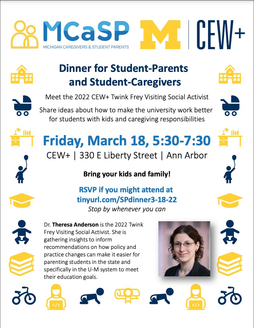 MCaSP3's tweet photo. Enjoy a dinner with other student parents and caregivers. Meet Dr. Theresa Anderson, the visiting social activist for CEW+. 

If you are interested in attending the event, please check out the flyer and RSVP here. All family members are welcome to join! We hope to see you there! https://t.co/ku37USttKy