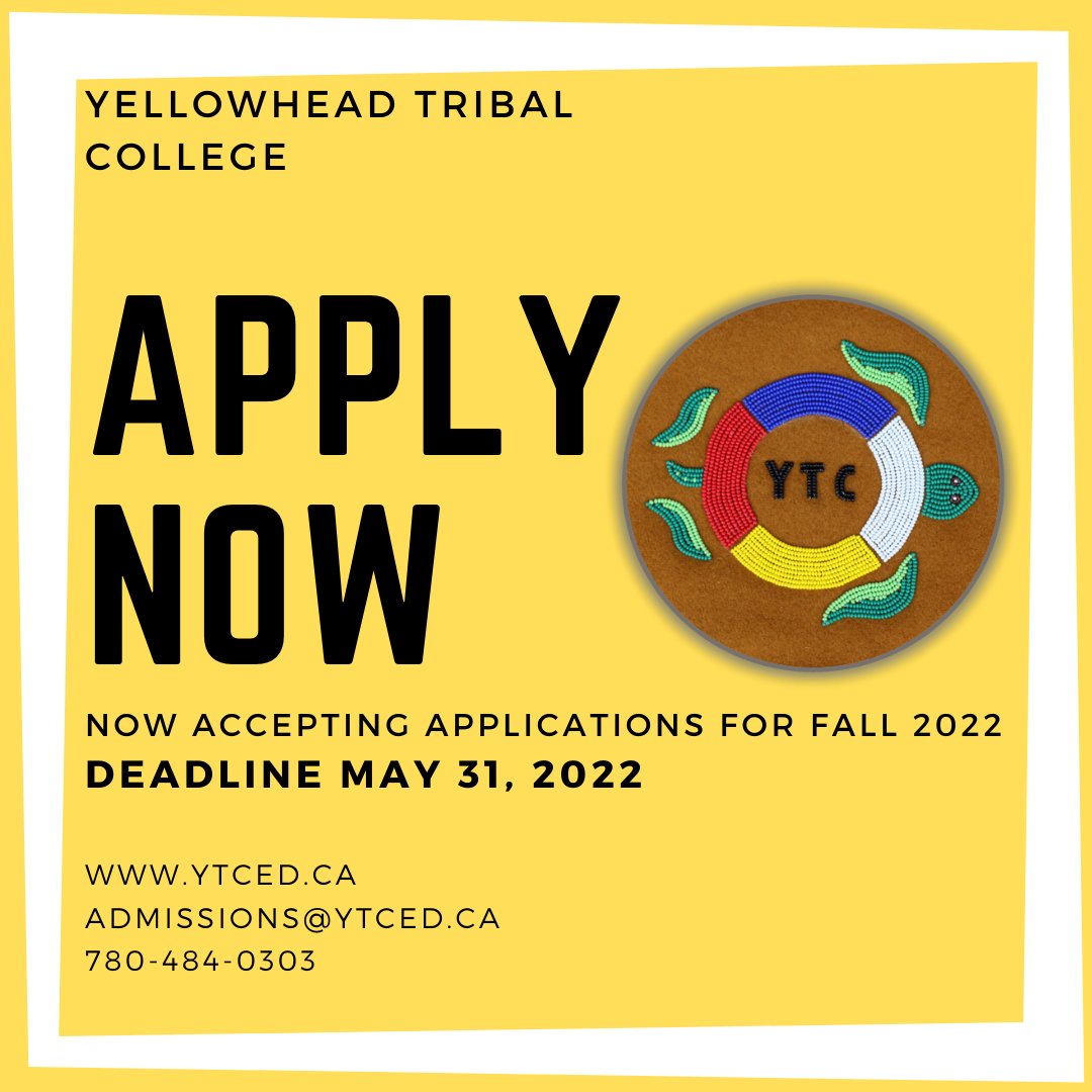 We are now accepting applications for Fall 2022! 
For a complete list of our programs please visit our website at: ytced.ab.ca 

📍Questions? call: 780-484-0303 or email: admissions@ytced.ca

#yellowheadtribalcollege #ytced #ytcedstudent #ApplyNow #fall2022 #education