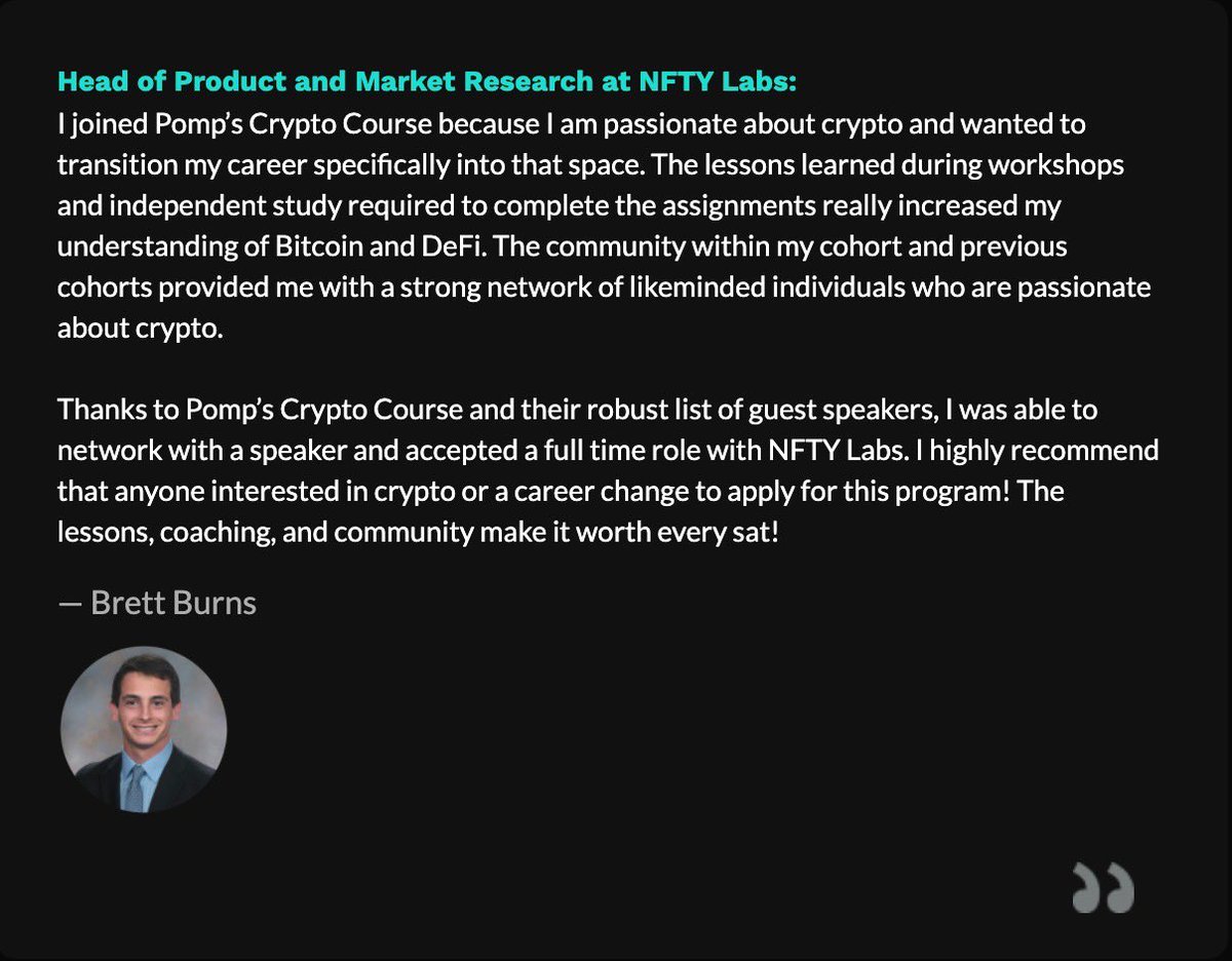Meet @brettburnsx.

He wanted a job in the crypto industry.

After going through our 3 week intensive program, he landed exactly what he was looking for.

Next cohort starts March 22nd

Apply: pompscryptocourse.com