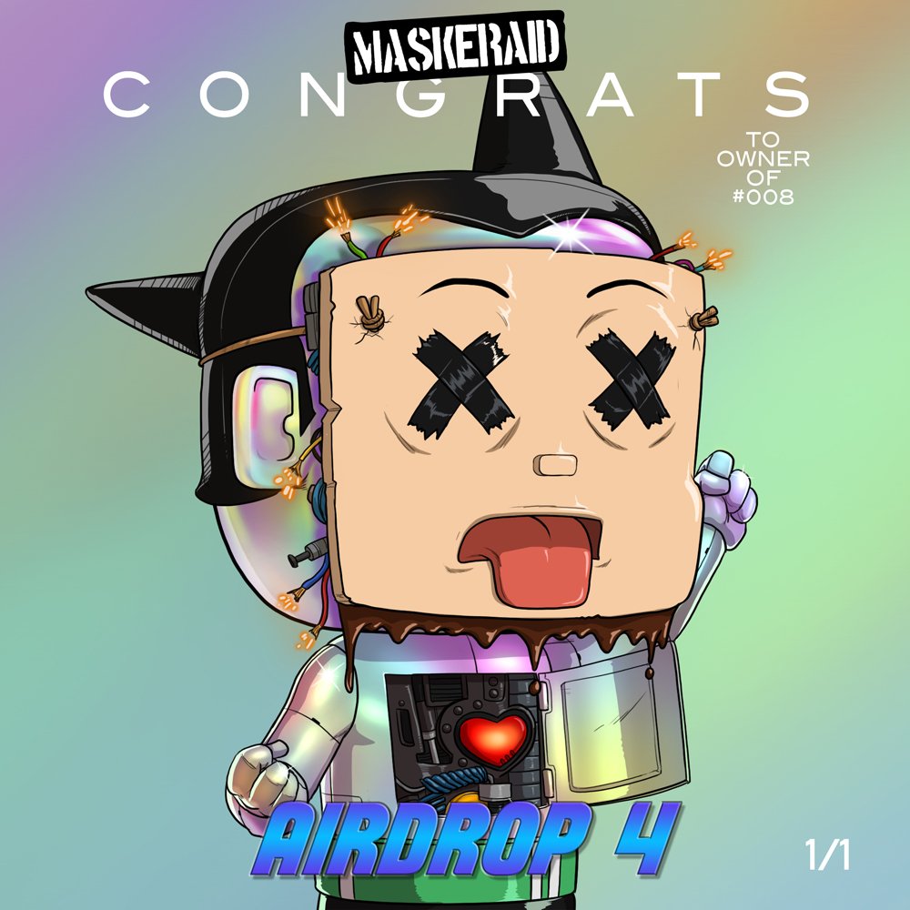 MaskeraidNFT's tweet photo. Congrats to owner #008 for winning the last and final airdrop! An exclusive 1 of 1 holographic ultra rare piece!

#maskeraid #NFTGiveaway #NFT #NFTs #NFTAirdrop #NFTCommunity @opensea https://t.co/QMCHaJtXLd