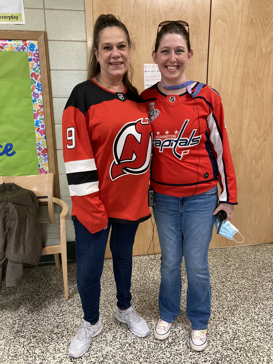 For ‘wear a number’ day, this Capitals fan found another fan (our amazing library media specialist!)…but also found our amazing school nurse wearing…a NJ devils jersey (team rivals, nothi bc personal) 😒😃😂 love my awesome colleagues!