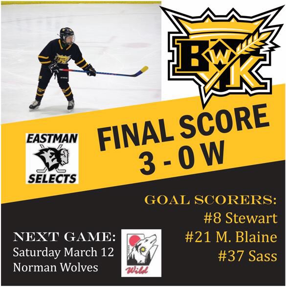 Wheat Kings win 3-0 over Eastman! Catch our game against Norman at 2 p.m. tomorrow afternoon - all updates on social media.