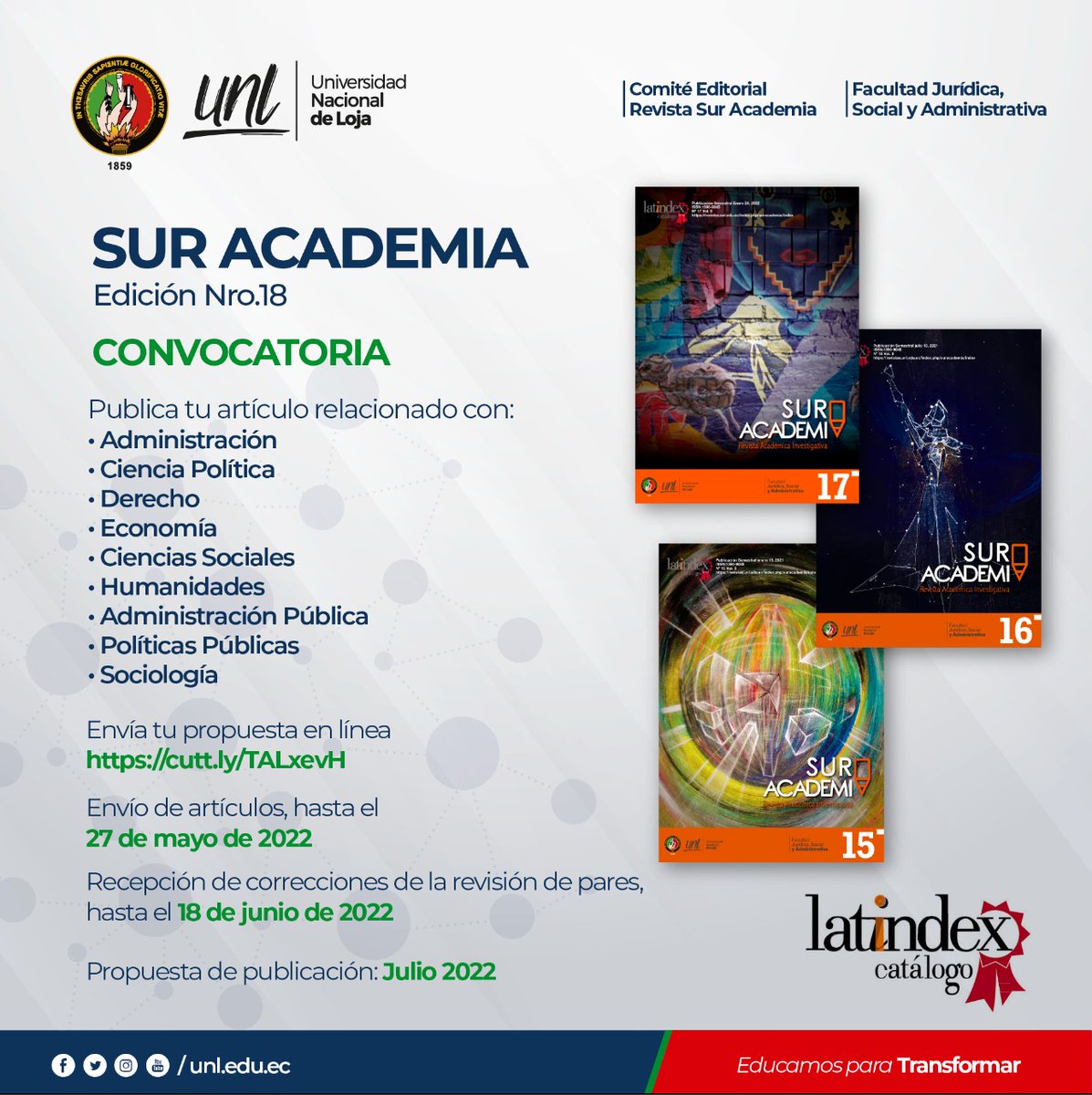 UNLoficial's tweet photo. ¡Postula ahora!

📌 ¡Envía tu artículo científico y participa en nuestra Revista académica y científica: Sur Academia hasta el 27 de mayo!!📜

👉 Propuesta de publicación será en Julio de 2022
🖇️ Envía tu propuesta en línea: https://t.co/21uNDd1X7n

#EducamosParaTransformar https://t.co/wBZjRv1SN8