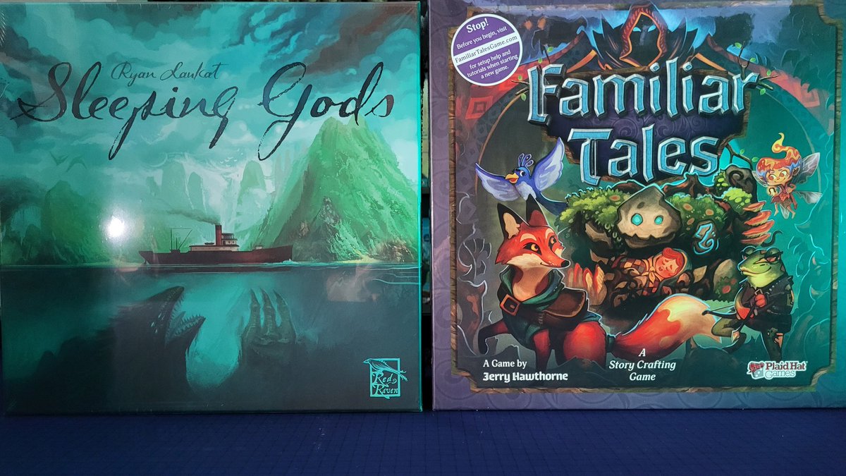 MIsForMeeple's tweet photo. Not sure which game I want to play first. Either Sleeping goods from @RedRavenGame or Familar Tales from @PlaidHatGames
Either way I'm cracking both these bad boys open tonight. 

#boardgames #nerdy #gamenight #boardgameweekend https://t.co/wRYr5KiS8n