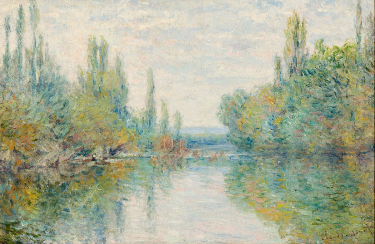 ally22t's tweet photo. “Lookout” by Pat Passlof (‘59) reminds me of Monet &amp; I’m not sure why, but it’s the 1st thing that came to mind. Possibly bc of the similar color palette? This work is super abstract &amp; definitely not impressionist, but to me it connects to “Un Bras de la Seine près de Vétheuil” https://t.co/JHTD9YC8La