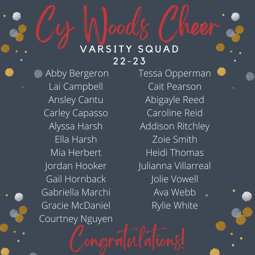 fafraley's tweet photo. Congratulations to the 2022-2023 Cypress Woods Cheerleaders! You will be great 212 ambassadors. @CyWoods212 @CDUBCheer212 #212 #cdubuknow https://t.co/n8WArlqANq