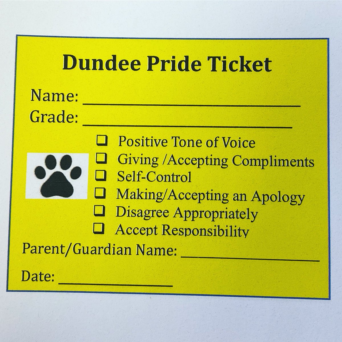 Students earn PRIDE tickets at school and now they can at home! 💙🎉

If you see your child using one of the skills listed, write them out a PRIDE ticket! Have your child bring their tickets back to school to turn in! 

We appreciate your support at home! #dundeeproud 🎉