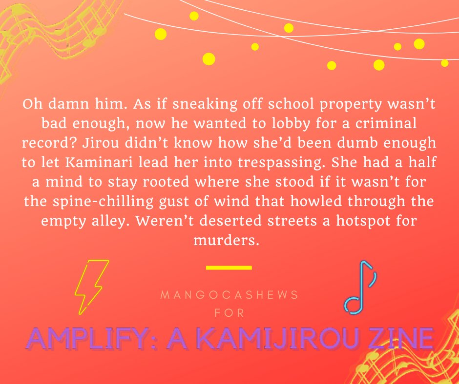 Here's my add-on piece written for <a href="/Amplify_zine/">Amplify! A KamiJirou Zine - Leftovers 10/14</a> 
Please read fic tags for warnings.

archiveofourown.org/works/37673560