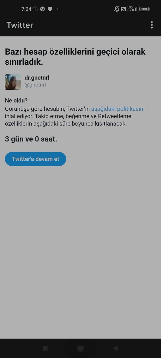 3 gün sınırlama gelmiş, bunu geri cevirebilmeninin bir yolu var mıdır? Biter bitmez herkese dönüş yapacağım #hekimlertakiplesiyor 
#hunilikızçeler 
#HekimlerGitmiyorHakkınıİstiyor 
#GidecekOlanHekimlerDeğil