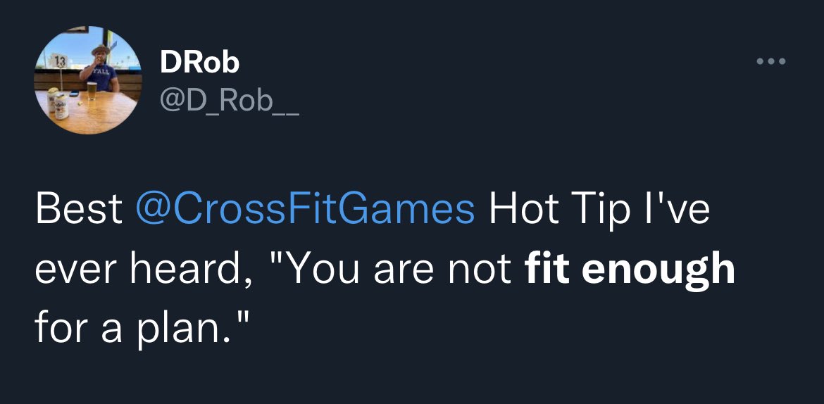 K_Bay80's tweet photo. @D_Rob__ @CrossFitGames I say this to myself every time I overhear people making a “plan”. I preface it with “don’t be an idiot…” Wish I would’ve read it before ’17. https://t.co/uoEgmcSaUO