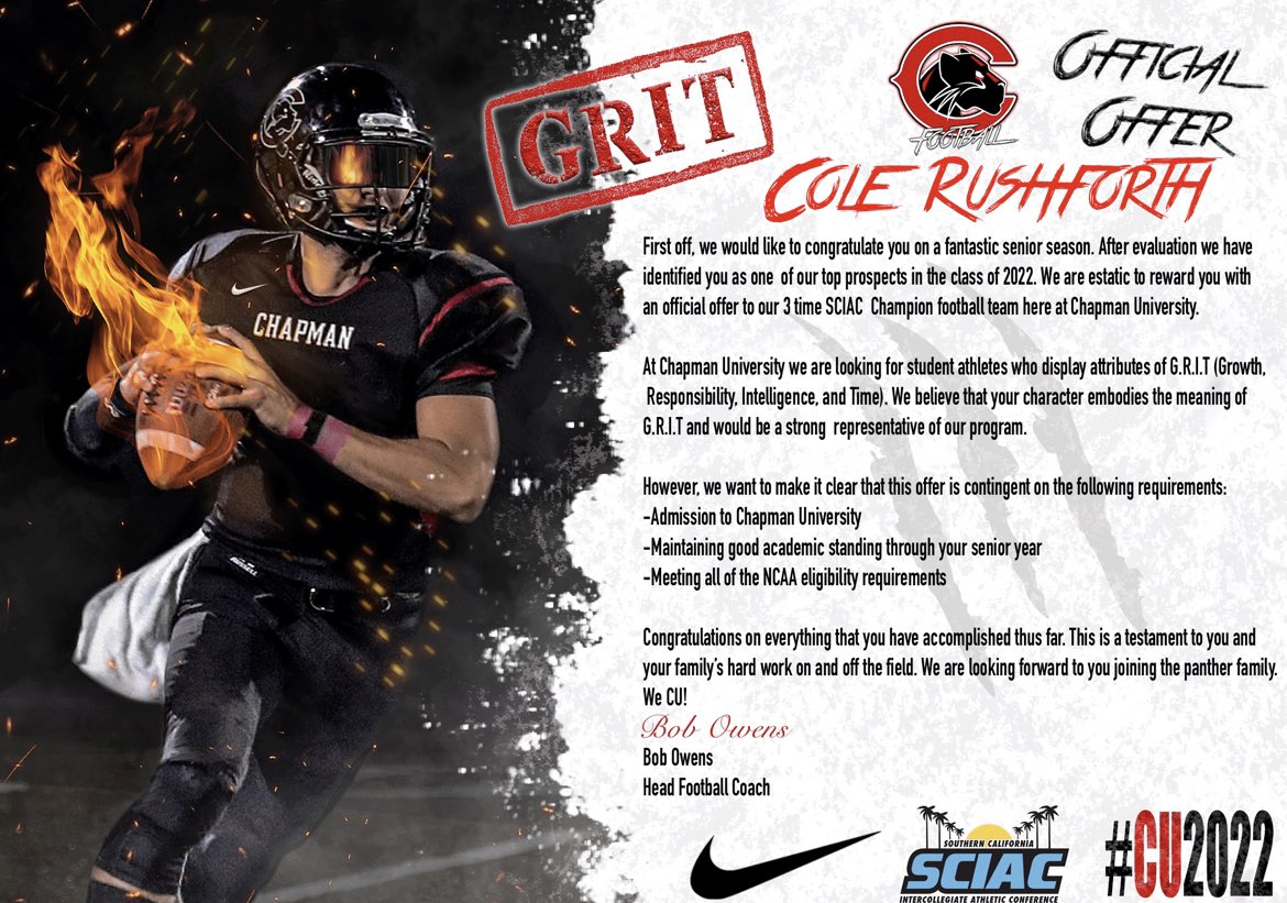 After several great phone calls with <a href="/augustinoadams/">Augustino Adams</a>, I’m beyond grateful to announce that I’ve received my fifth offer from <a href="/Chapman_Fb/">Chapman University Football</a>!!! #GoPanthers <a href="/TheTidesRising/">The Tides Rising</a> <a href="/NWBallers_/">Northwest Ballers</a> <a href="/RylandSpencer/">Ryland Spencer™</a> <a href="/BrandonHuffman/">Brandon Huffman</a>