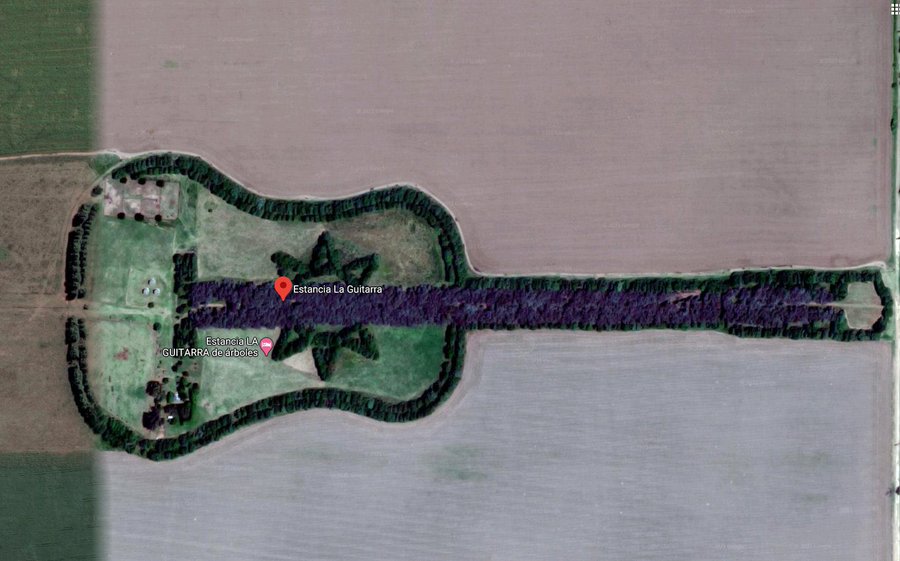crockpics's tweet photo. A man from Argentina planted a guitar-shaped forest of 7,000 trees, and more than 1km in length, in memory of his wife who loved music.View from Google Maps.Estancia La Guitarra. https://t.co/zj9ar4bxcM