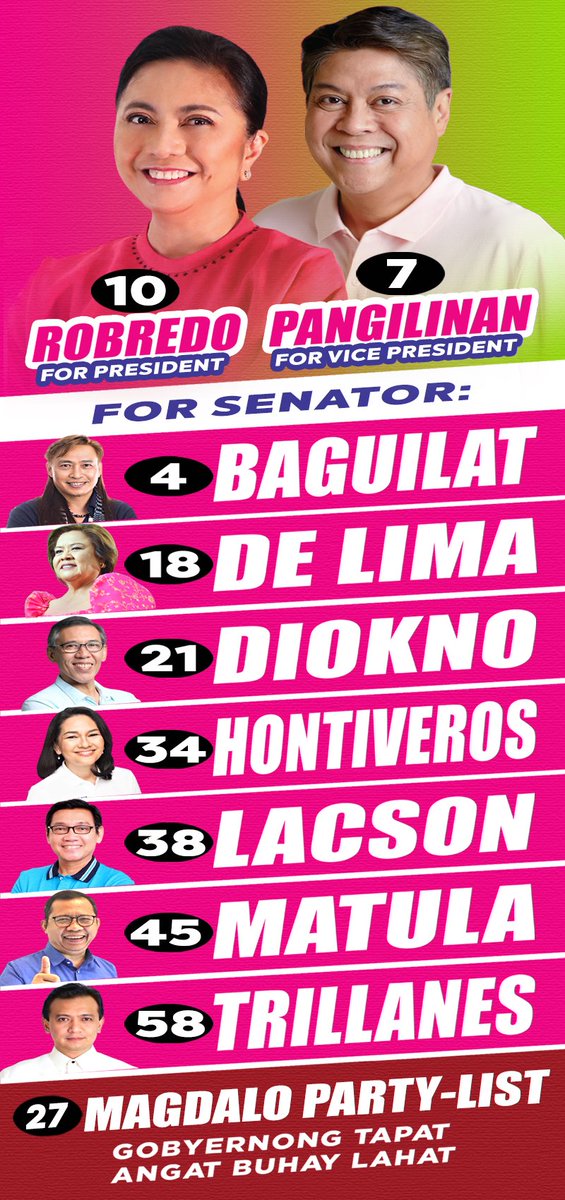 TrillanesSonny's tweet photo. Ito po ang official list ng Magdalo (idagdag nyo na lang ang ibang gusto nyo) : 

Pres: Robredo #10
VP: Pangilinan #7
Senate:
Baguilat #4
De Lima #18
Diokno #21
Hontiveros #34
Lacson #38
Matula #45
Trillanes #58
Partylist: #27 Magdalo 

#TeamLeniKiko
#AngatBuhayLahat https://t.co/vJOo1SFL7H
