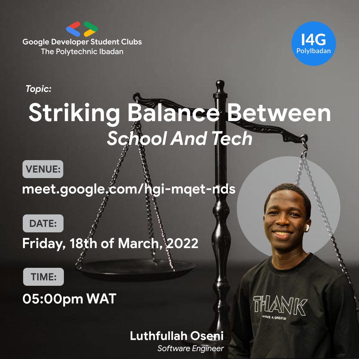 gdsc_polyibadan's tweet photo. Students really find it hard🤦🏽‍♂️🤦🏽‍♀️ to attain balance between tech and school.

Join us as @luthfulahi comes to speak on this important topic. https://t.co/eAXAyBsOem