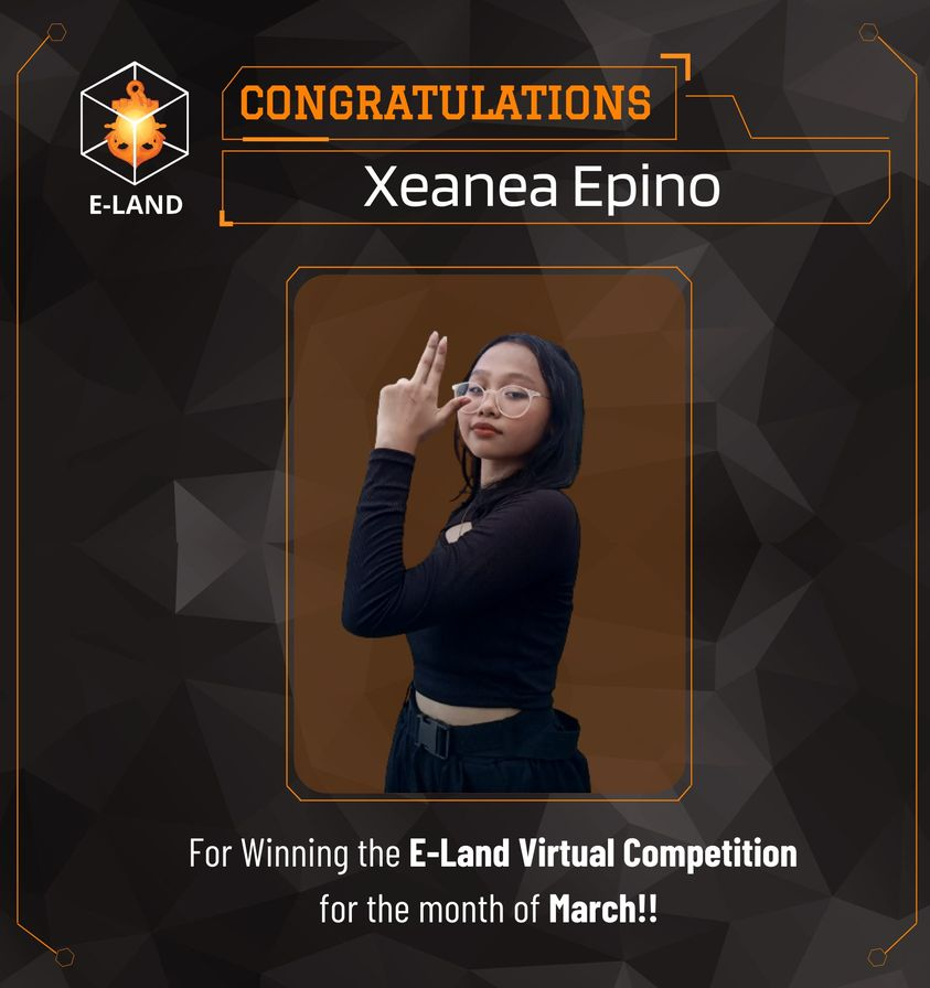 SSLGSEHS's tweet photo. March Finalist: Xeanea Epino
2nd: Pierre Giordan Nesas
3rd: Jewel Rose Pielago
Other Contenders:
-Tayshaun Judd Susi
-Angel Edad
CONGRATULATIONS to everyone and THANKYOU for participating on E-Land! See you all on the next episode Eleneans.🧡
#ELAND_EP5 #SSGSEHS #ELENEANS https://t.co/UrIbVdaiHJ