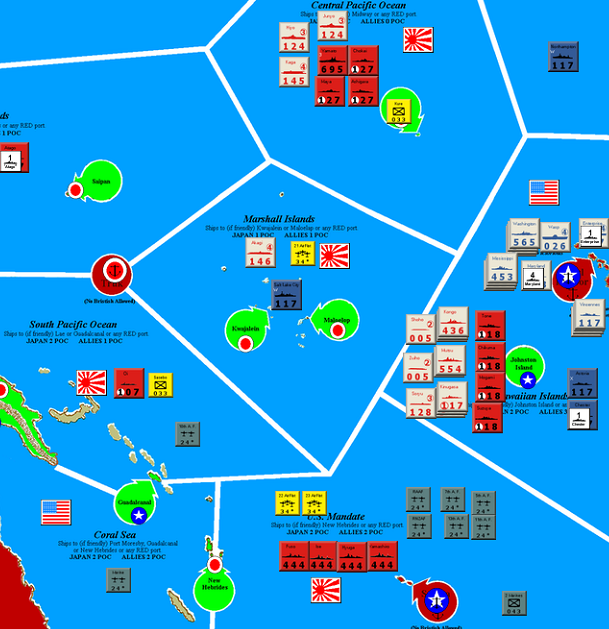 VITPgame's tweet photo. #MidwestOpen round 3 action - Allied LBA ward off the attack on Samoa, so subsidiary attack launched on Hawaii while other units play defense in the Central Pacific.  Allies in tough spot in the game, pondering which IJN force to pile on... https://t.co/ReqaiWHPhb