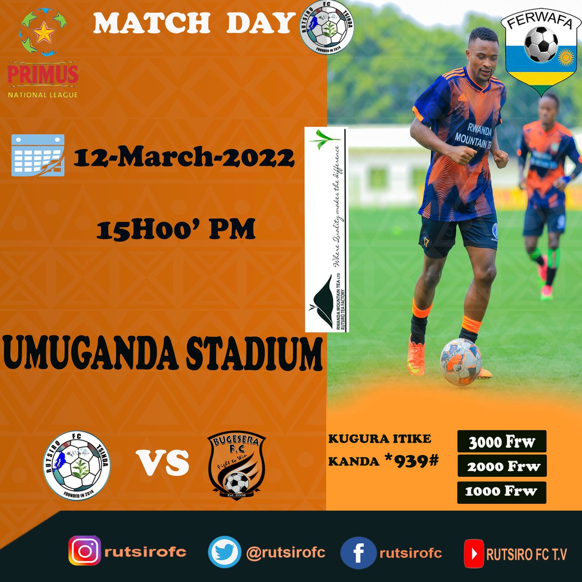 rutsirofc's tweet photo. ๐ โซ๏ธ๐ MATCH DAY๐ โซ๏ธ๐
@rutsirofc vs @Bugesera_fc
RUTSIRO FC vs BUGESERA FC
โฐ 15H00'
๐๏ธ 12/03/2022
๐๏ธ UMUGANDA STADIUM
#RUTBUG
#RutsiroFcTSINDA https://t.co/k4cJyjCo2z