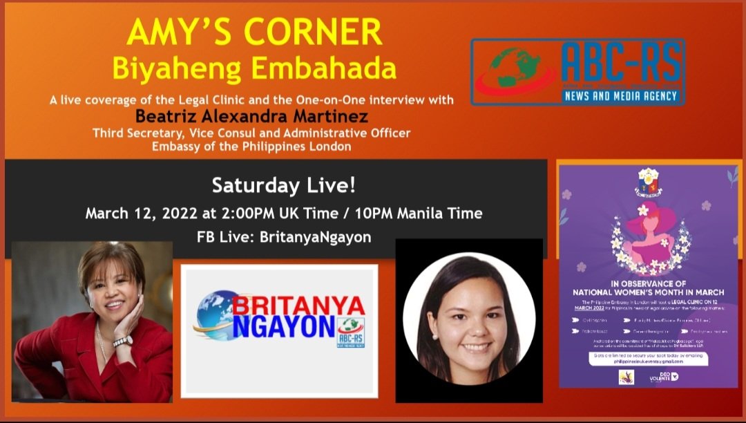CarolPanday's tweet photo. Britanya Ngayon Saturday Live brings you Amy's Corner: Biyaheng Embahada. A live coverage of the Legal Clinic. Watch the Live interview with Third Secretary,Vice Consul and Administrative Officer Beatriz Alexandra Martinez. https://t.co/m6cTgjddhG