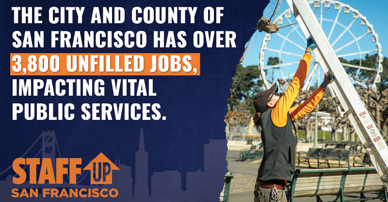 sflabor's tweet photo. There are over 3,800 unfilled City &amp; County jobs in San Francisco. This understaffing crisis hurts vital services and puts the extra burden on essential workers.

City leaders must support our essential workers by investing in our public services. #StaffUpSF