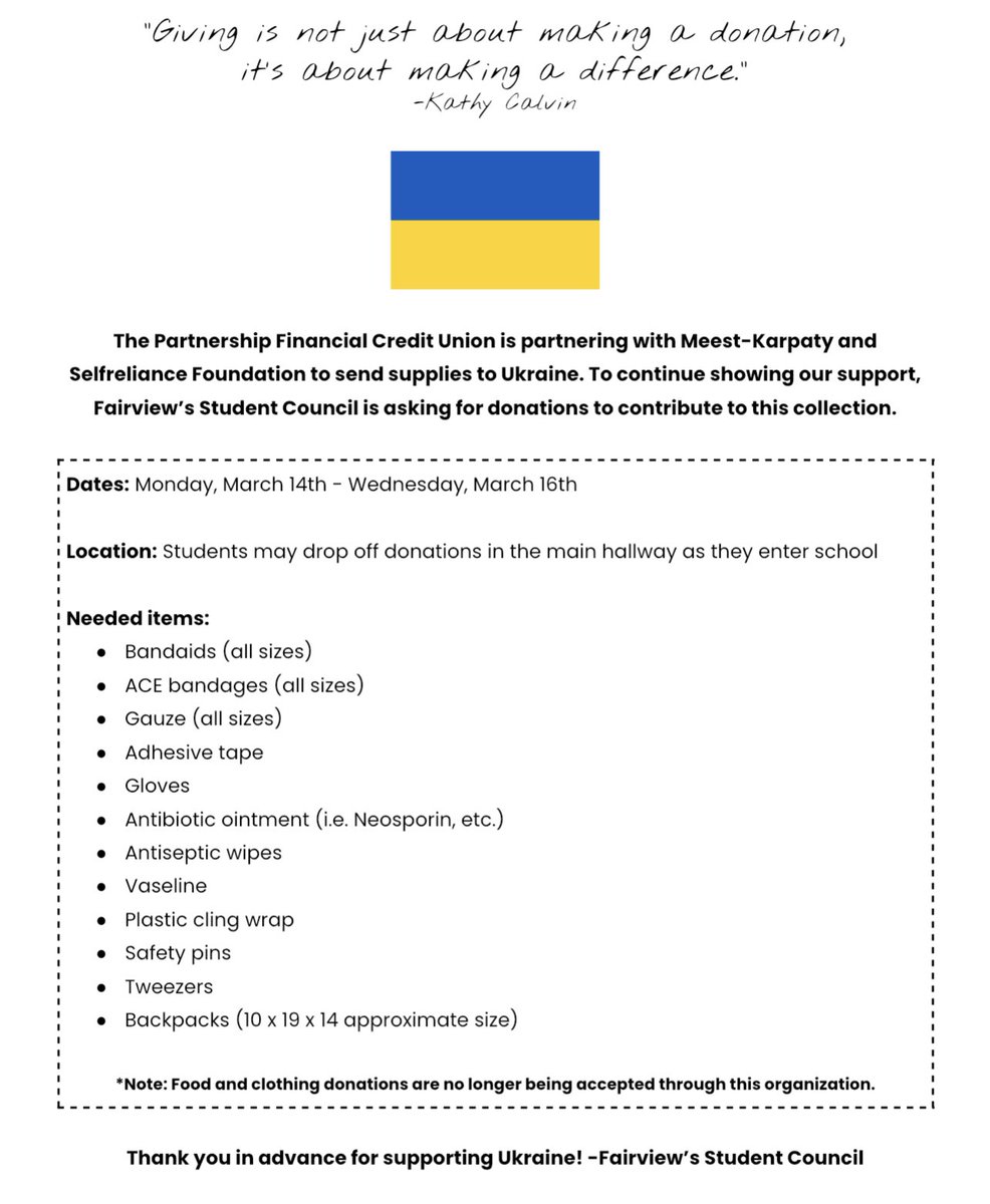 MsTKlein72's tweet photo. Student Council is organizing a collection to help support Ukraine. The collection will take place this coming Monday, March 14th through Wednesday, March 16th. See the information flyer below!💙💛🇺🇦 #FairviewCares #SupportUkraine @MrsAlbersSD72 @MrLopatkaFV72 @FairviewD72 https://t.co/aJcfOG15Xq