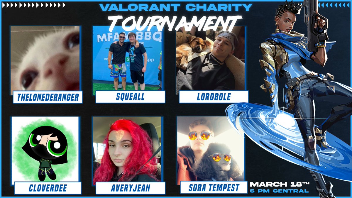 El_GootTV's tweet photo. I'd like to announce our first Valorant Charity Tournament!! 🥳💙

• 6 Captains 
• Winner of the tourney donates to their Chairty of choice 
• Will be on March 18th at 5PM CT 

Once teams are picked, we'll post them here!! Can't wait to see you all there!! 🥳💙 #valorant https://t.co/tRzGj1eFrR