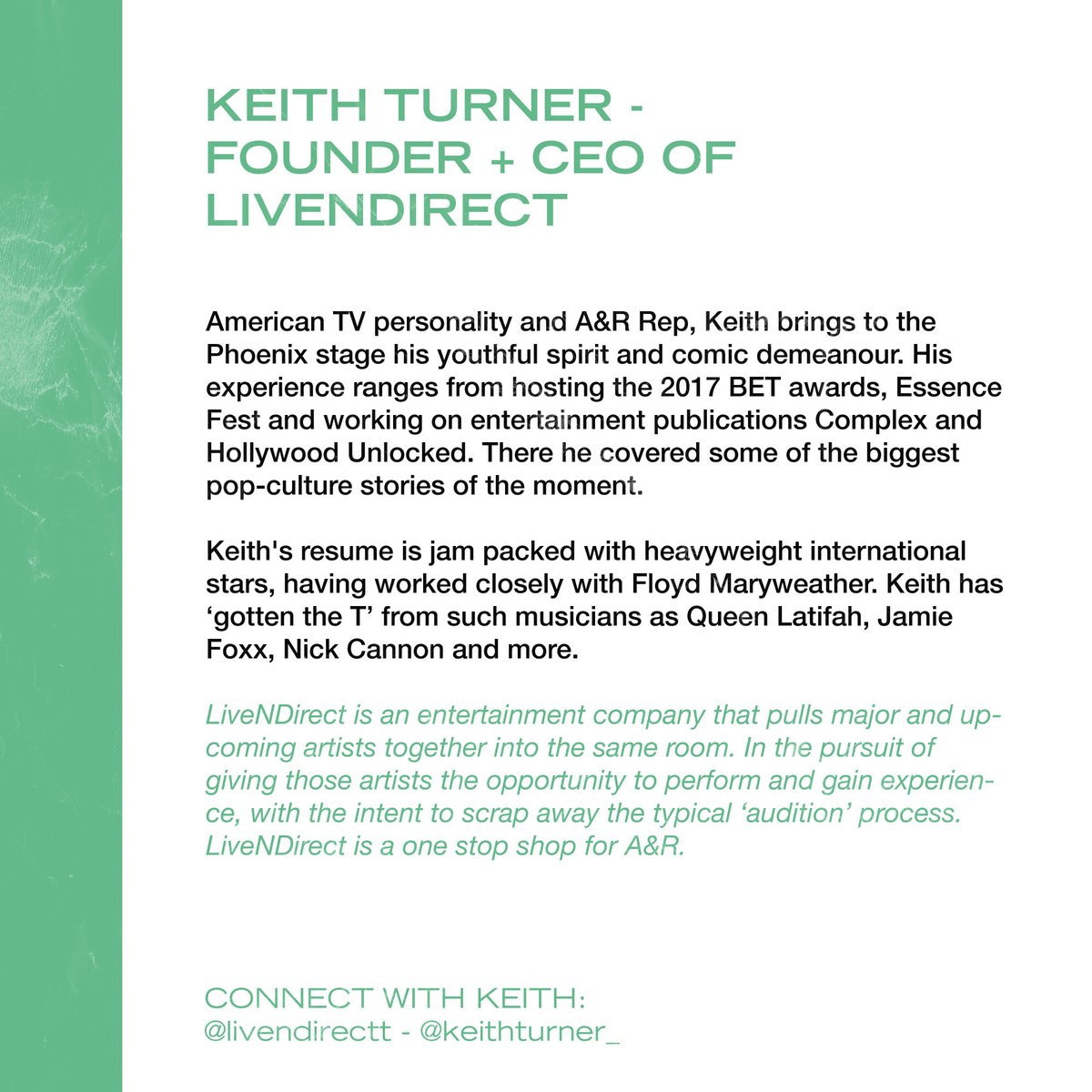 PhoenixSummitNZ's tweet photo. Introducing KEITH TURNER the host of Phoenix Rising 07.04.22
CEO + Founder of Live N Direct
#phoenixsummit #livendirect #musicindustry https://t.co/MfJveCP6zD