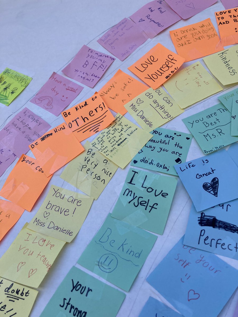 SchPsychNatalie's tweet photo. To SELebrate #SELday students wrote words of affirmation and kind messages to form a rainbow🌈. Having compassion and empathy for others is an essential part of Social Emotional Learning. @birneyERUSD @ooliverDLC @ElRanchoSchools https://t.co/Cb0582DJKS