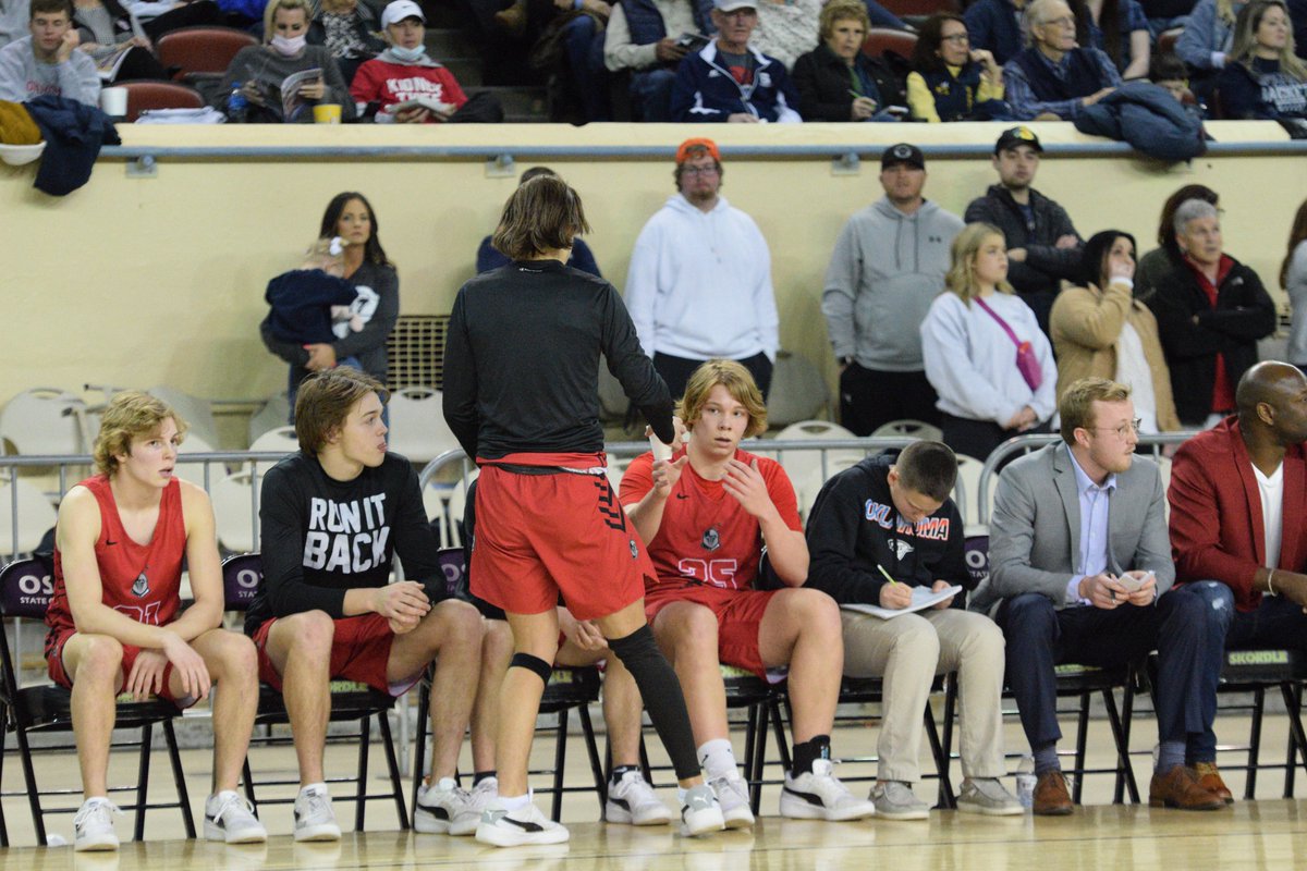 Once again #OKPreps CROSSINGS CHRISTIAN bench is hard at work bringing the Knights back from double digit deficit to a 1 point halftime lead.

Process includes : Celebrations of swimming, working out and rowing a boat. And keeping their teammates hydrated.

Keep up the good work!