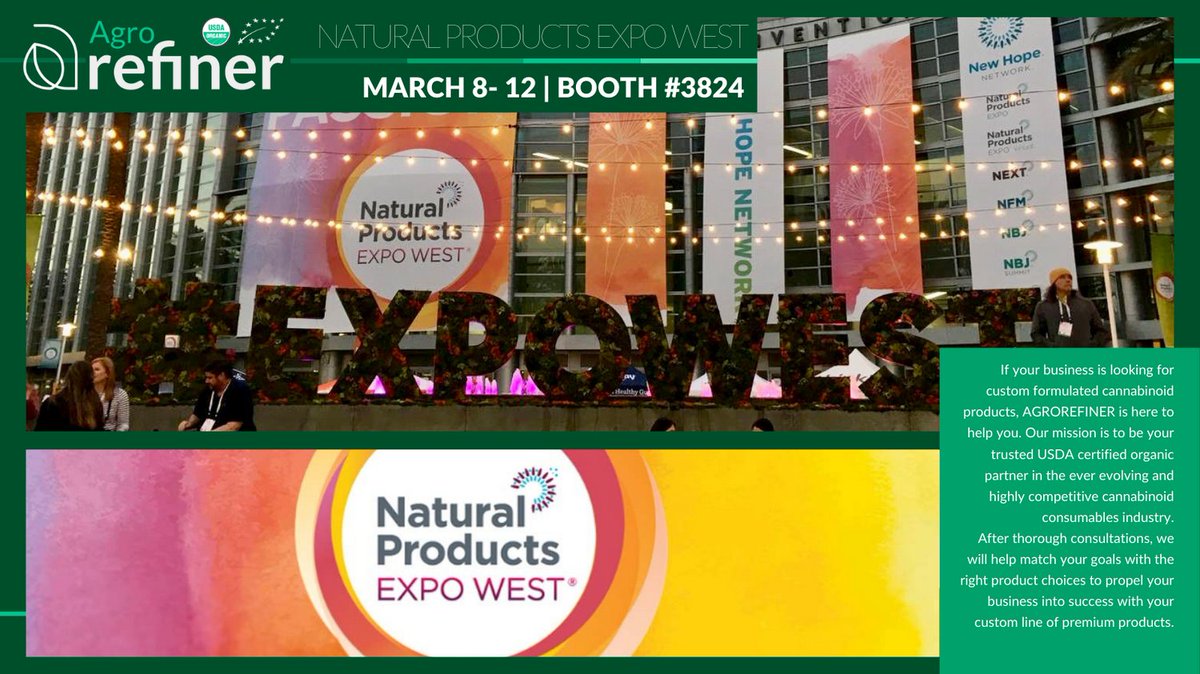 AgroRefiner's tweet photo. #AgroRefiner is in ANAHEIM &amp; we’d love to meet you at @NatProdExpo! Stop by Hall D Booth 3824 &amp; meet our team! If your business is looking for custom formulated cannabinoid products, we’re here to help you.
#organic #cbd #isolate #hempbusiness #wellness #returntoanaheim #expowest https://t.co/wGY8uSiaKE