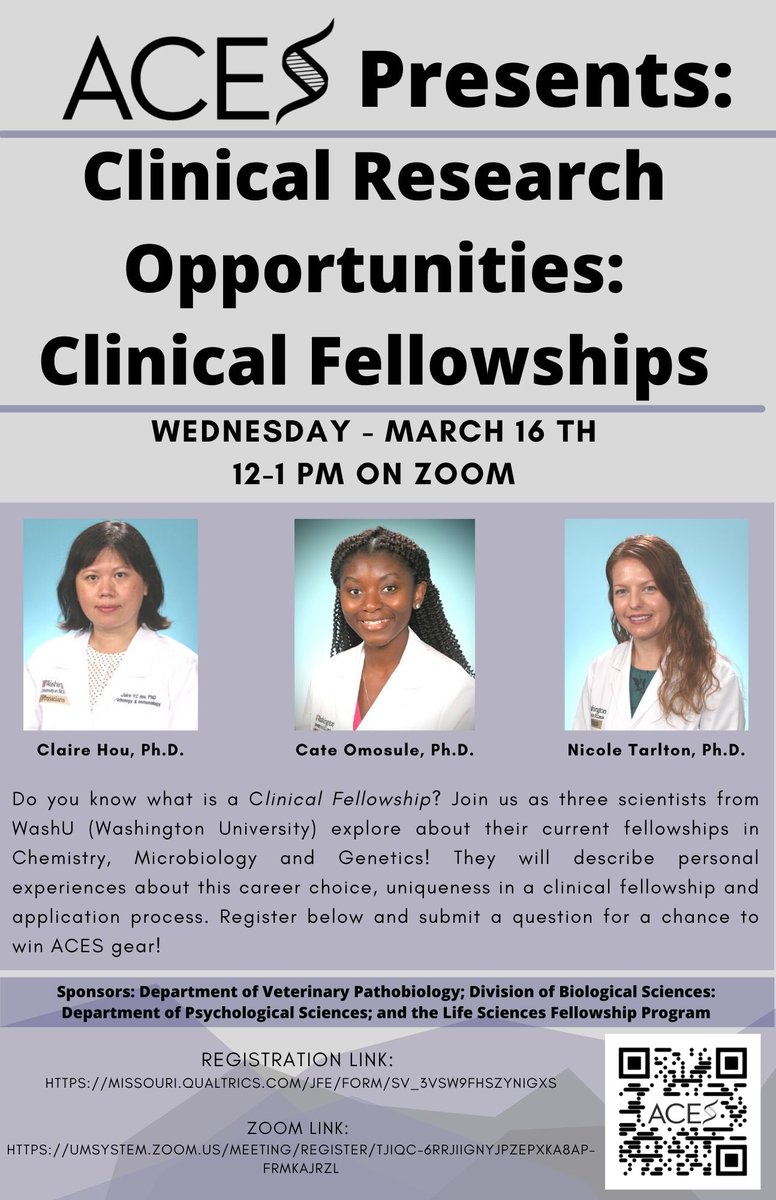 Join us next Wednesday at noon to learn more about Clinical fellowship opportunities.

Our very own, Dr. Cate Omosule along with her team will share their experiences and career success in different clinical fellowship programs. 

Registration: missouri.qualtrics.com/jfe/form/SV_3V…