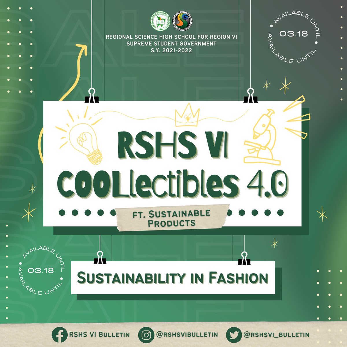 RSHSVIBulletin's tweet photo. 𝗧𝗵𝗲 𝘁𝗶𝗺𝗲 𝘁𝗼 𝗯𝗲 𝗶𝗻 𝘀𝘁𝘆𝗹𝗲 𝗶𝘀 𝗻𝗶𝗴𝗵! ✨ 

Sustainably fashionable, the brand-new RSHS VI COOLIectibles 4.0 ft. Sustainable Products have finally arrived! 

What are you waiting for? Go check them out and order yours now! 🤩🛍 

#TatakSayans
#HubForAchievers https://t.co/ge9Kl7sH5K