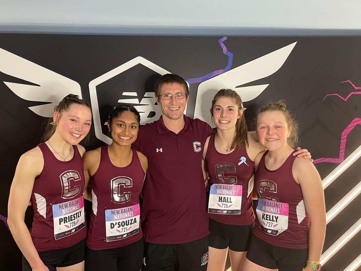 TedPriestly's tweet photo. So proud of these incredible girls, and so thankful for such an amazingly supportive and inspiring @CoachGuarente who (literally) has their backs! Good luck🦁, go fast and turn left👍#CHStrack #Nationals 📸credits: Chris Hall👊 https://t.co/IQIjtcfRwX