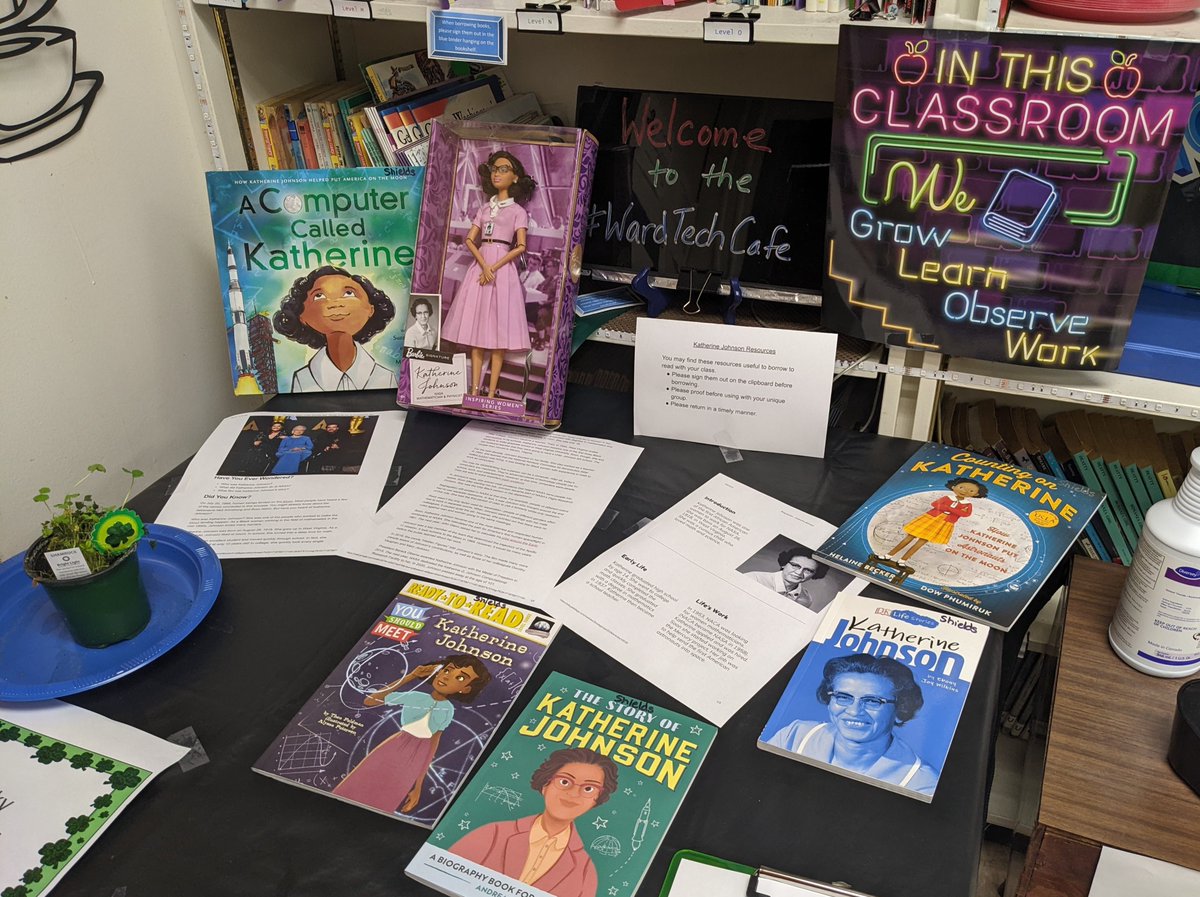 neene's tweet photo. Glad a few items arrived so that I could setup this first Women's History Month display in the #WardTechCafe. Happy to get to work with a teacher exploring the nuances of one of our learning tools today. Love when we get to focus on #WardTechPD https://t.co/1uT77uKyuv