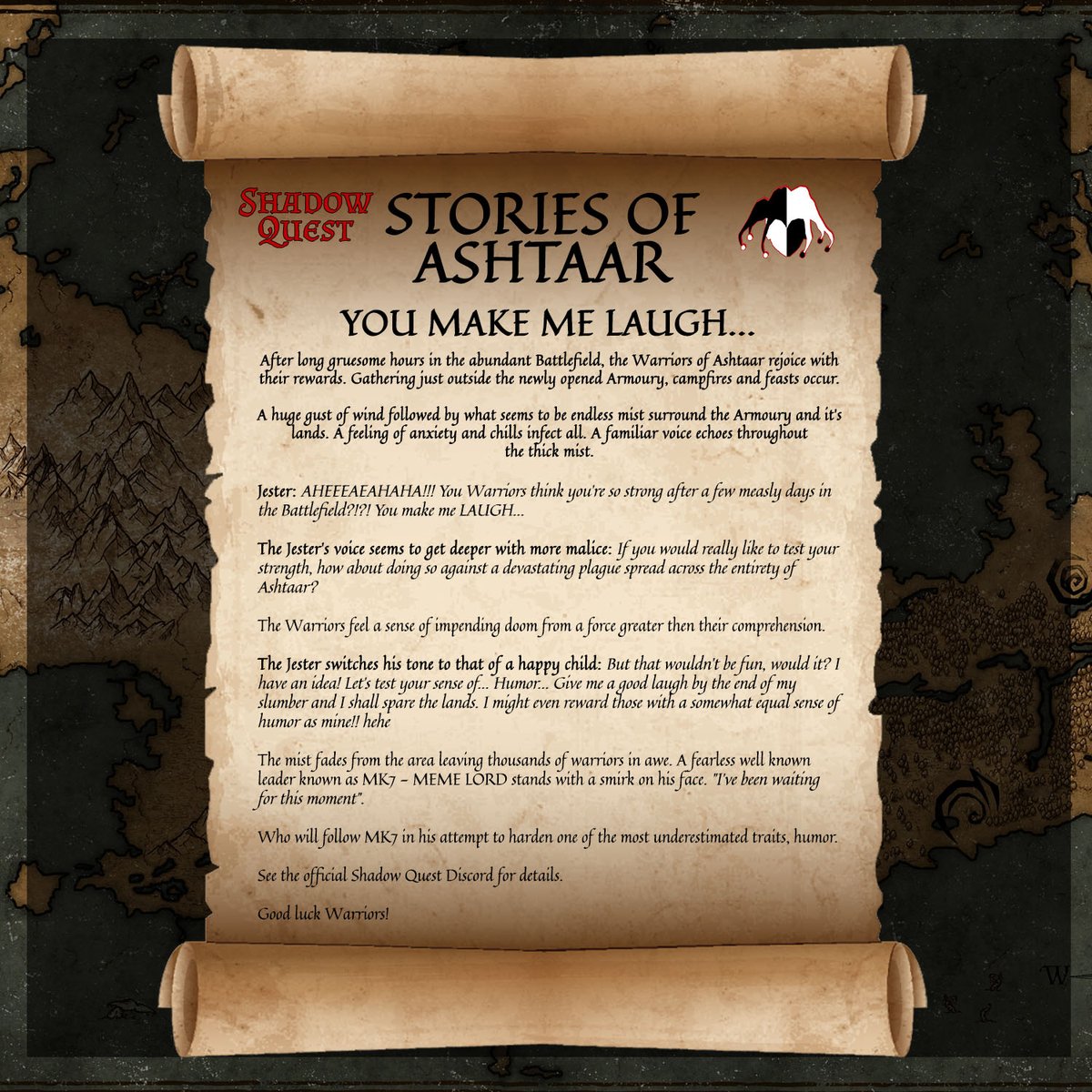 ShadowQuest_NFT's tweet photo. The Jester is terrorizing the lands of Ashtaar! ⚔️

Full details are announced in our Discord. 

LET'S MAKE SOME MEMES! 👀

#SQMeme https://t.co/ijf3Jwqt64