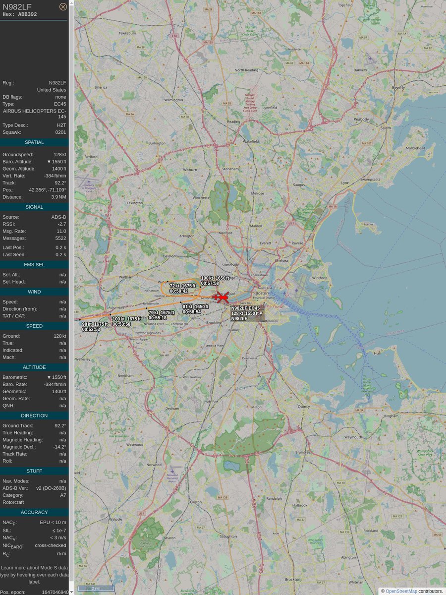 PlaneBoston's tweet image. ICAO: #ADB392
Flt: #N982LF #AIRMETHODS
First seen: 2022/03/11 19:58:28
Min Alt: 1650 ft MSL
Min Dist: 1.94 nm
Peak Audio: -51 dBFS
Loudness: 1 dB

#planefence #adsb - planefence.com
globe.adsbexchange.com/?icao=adb392