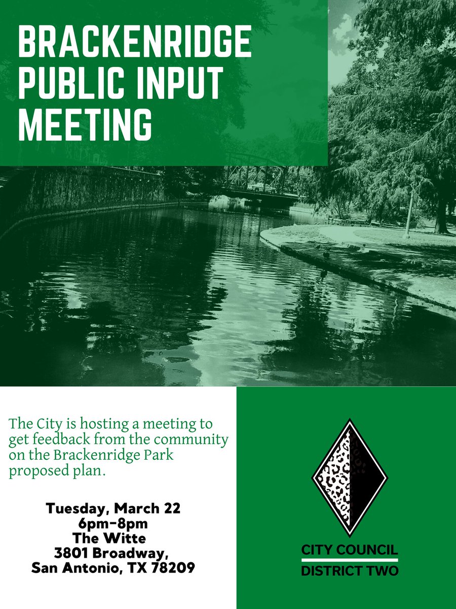 COSA_CD2's tweet image. Save the Date! The City is hosting a meeting on Tuesday, March 22, to discuss the Brackenridge Park proposed plan. Please join us at The Witte from 6pm. We look forward to getting your feedback🧡