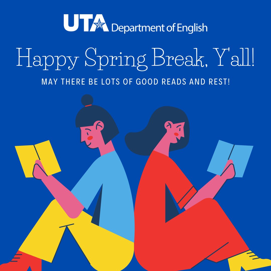 UTAEnglish's tweet image. Spring Break has officially begun! We hope you take some time to reset and recharge. And maybe read a book or two for fun! 😁📚

If you’ve got a #tbrpile for this week, comment and let us know what you’re reading!

#springbreak #springbreakreading #springbreaktbr #restandrelax
