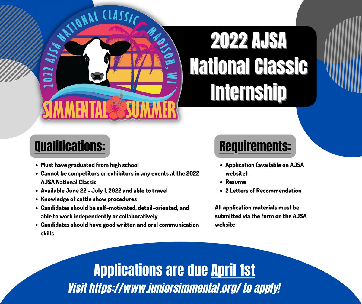 AmJrSimmental's tweet photo. Are you looking for a short-term summer internship that will provide experience running a livestock show, organizing contests, and working with a group of motivated individuals? Check out our 2022 AJSA National Classic Internship! Visit our website for more information. https://t.co/qZrKzZlsOd