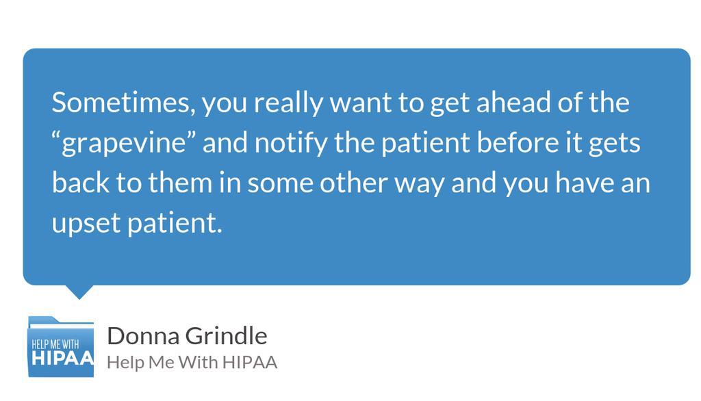 KardonHIPAA's tweet photo. Yes, HIPAA says you're supposed to notify the patient and do it in a certain way, but it also allows you to do it immediately, if you feel that there is a reason to do so.

Read more: Help Me With PriSec – Ep 344
▸ https://t.co/mMnp2ecEcC

#PrisecBootCamp #HIPAA #InfoSec https://t.co/J2hWcz3qXG
