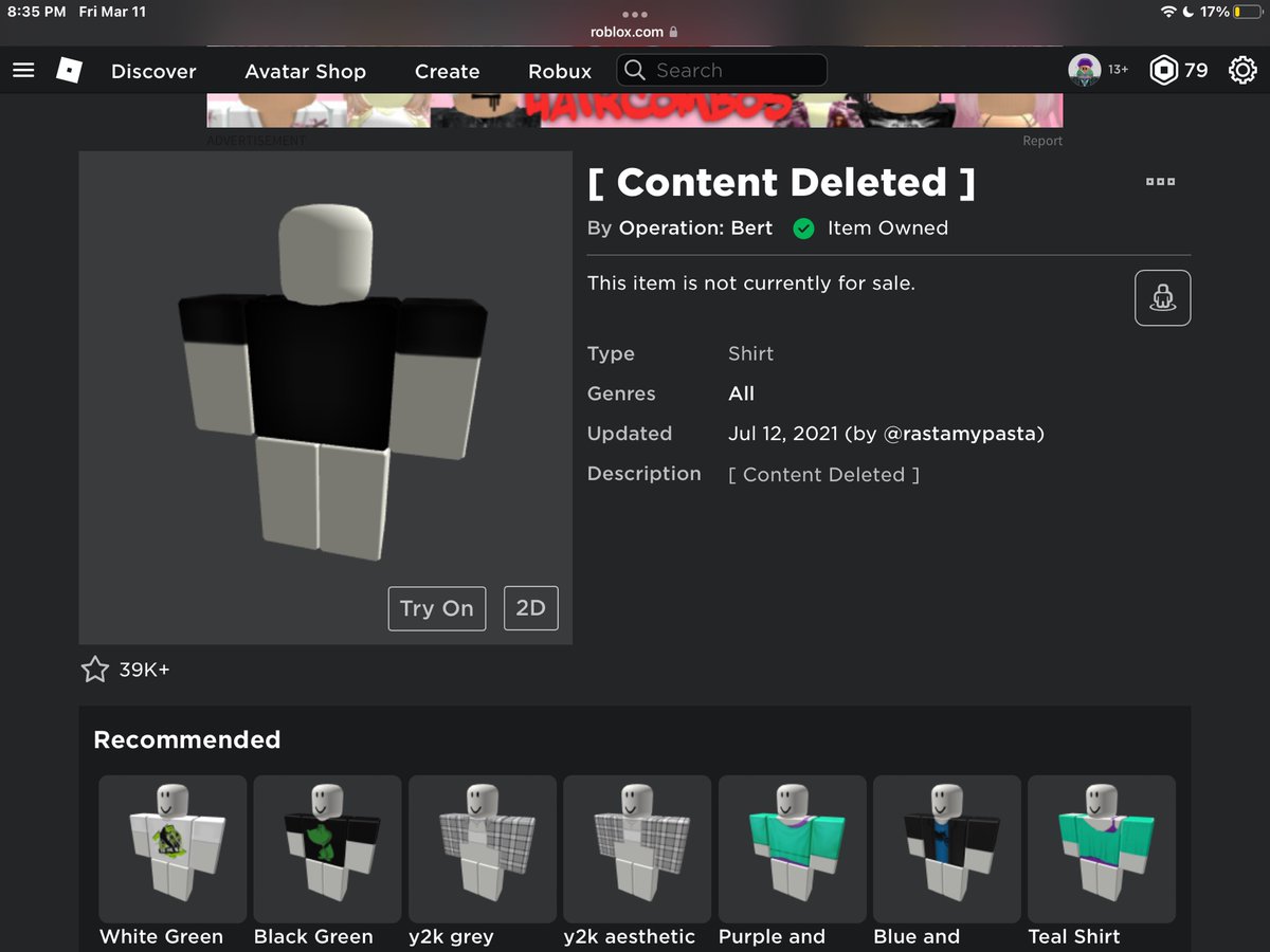 Roblox has been deleting random clothes. This is also the official Ready player two shirt https://t.co/Z80uvW6drB