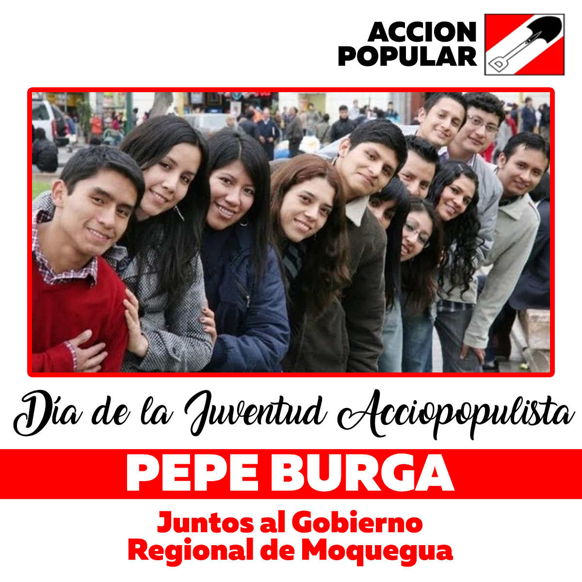 BurgaPepe's tweet photo. Feliz día de la juventud Acciopopulista ❤️🖤
¡Celebramos contigo este día especial!
Hoy felicitamos a todos los jóvenes, especialmente a los acciopopulistas que forman parte del gran cambio
#Moquegua #AccionPopular #pepeburga #HOY #juventudlealypatriota https://t.co/E7KhZfn1AT