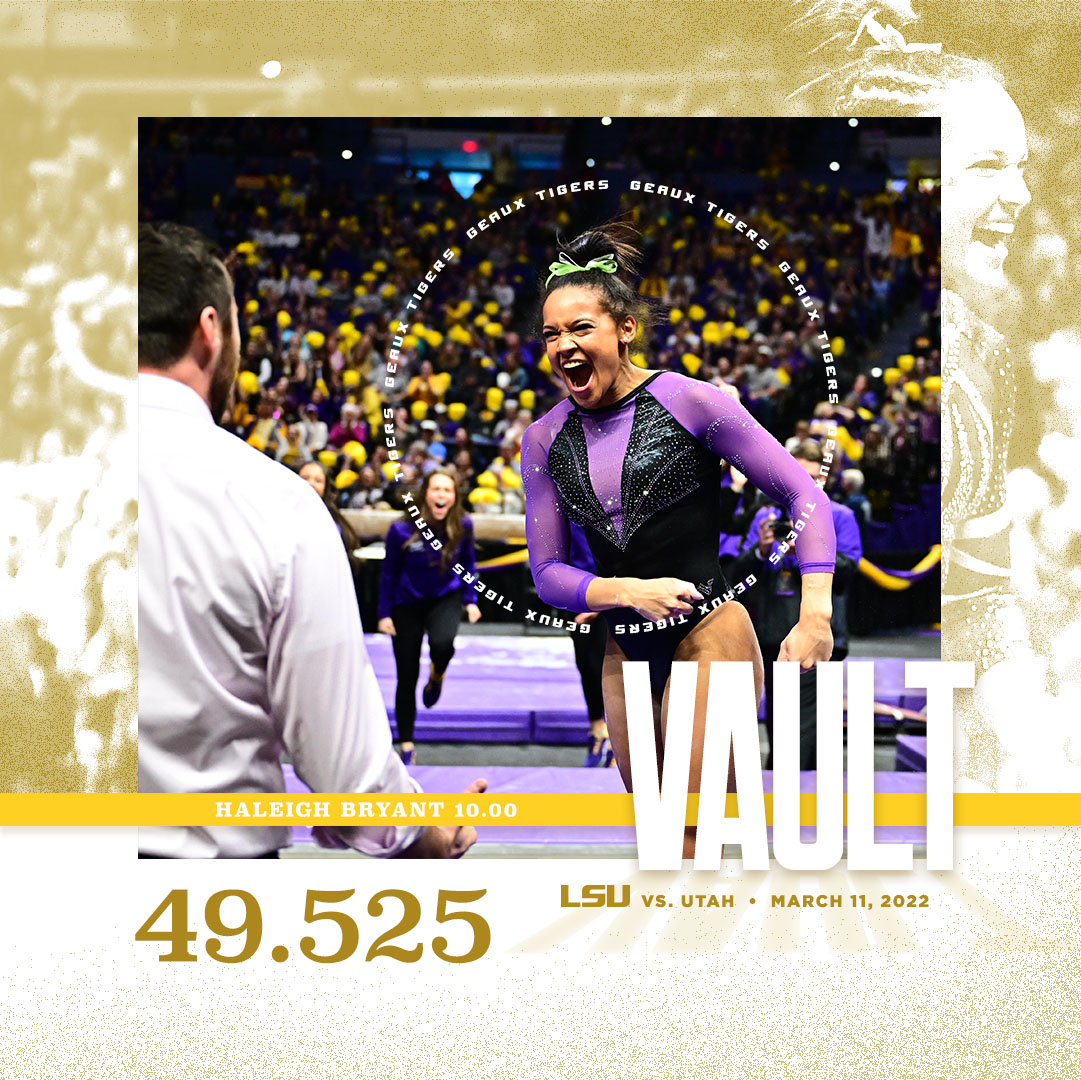 LSUgym's tweet photo. A SEASON HIGH 49.525 on vault! 

The Tigers lead Utah 49.525-49.300 after one rotation https://t.co/j5MLZY0Cox